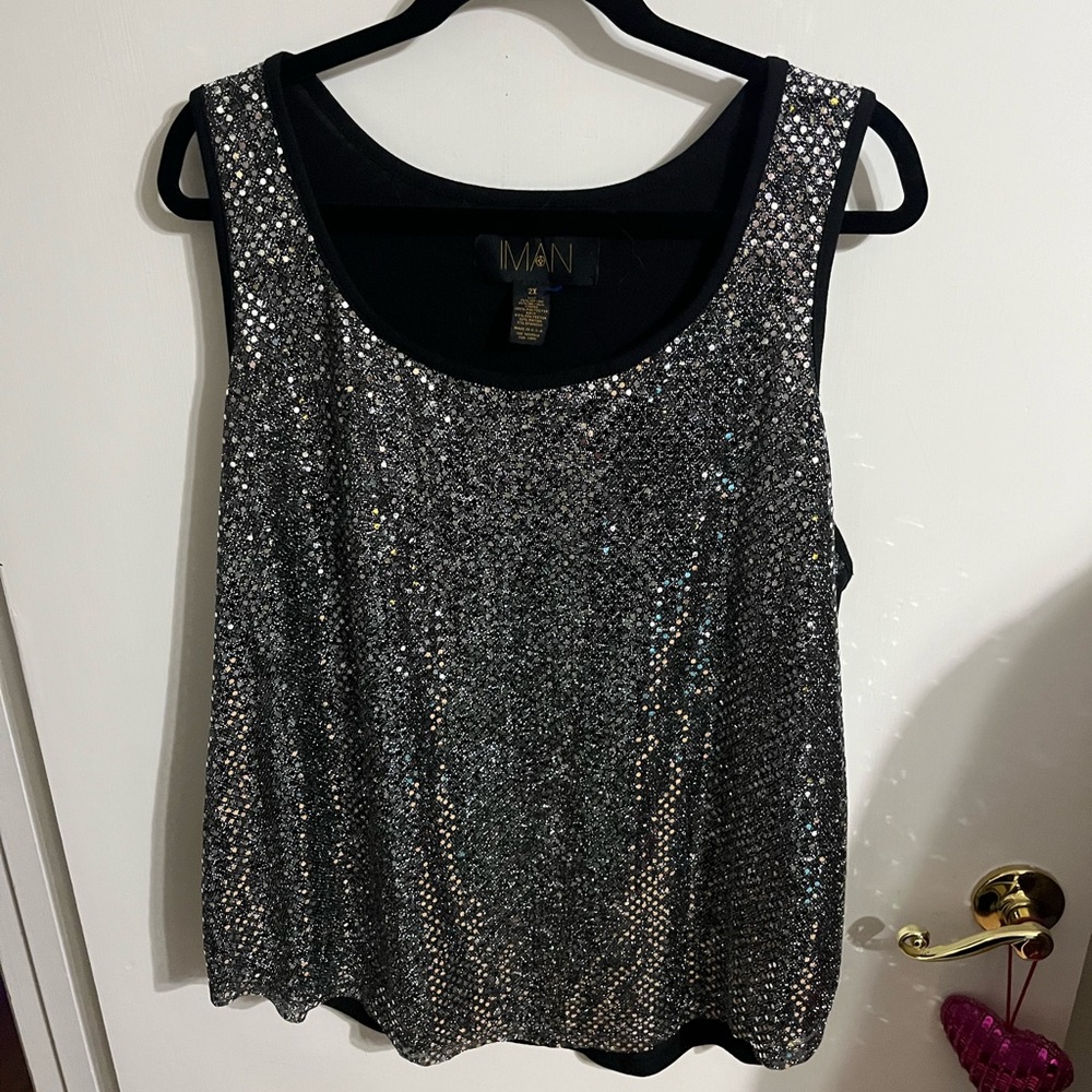 😻 2X IMAN Silver Black Sequin Sleeveless Tank Top